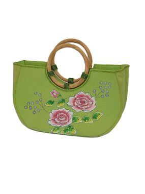 Hand Painted Floral Canvas Tote Bag Bamboo Handles Beaded Detail Cottagecore